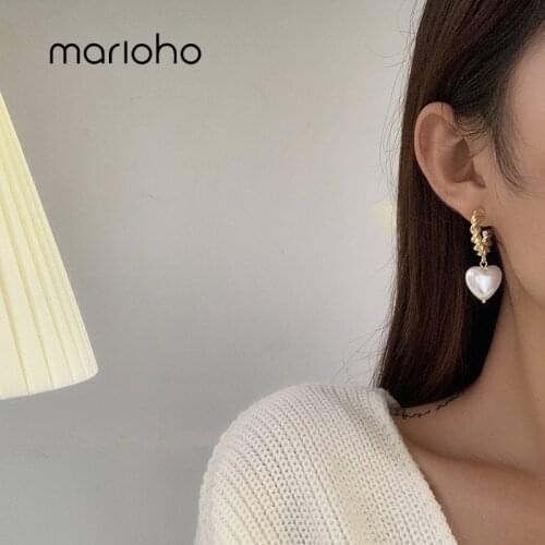 Marioho Simplicity White Heart Shaped Simulated Pearl Earrings Gold Color Twsited Metal Heart Drop Earrings For Women Jewelry