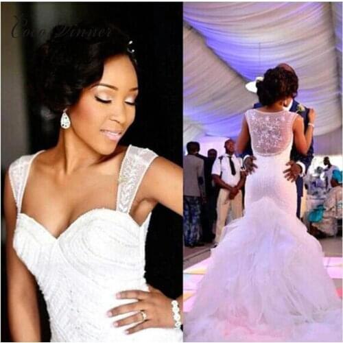 See Through Back Sequin Crystal Beaded Mermaid Wedding Dresses Plus Size Vintage Tassel Tullle Wedding Dresses W0401