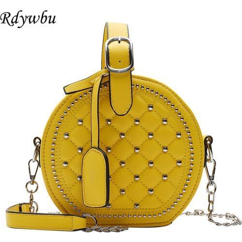 Rdywbu Women Mini Plaid Round Bags Solid Color PU Leather Stud Shoulder Handbag Small Chain Crossbody Bag Purses Clutches B189