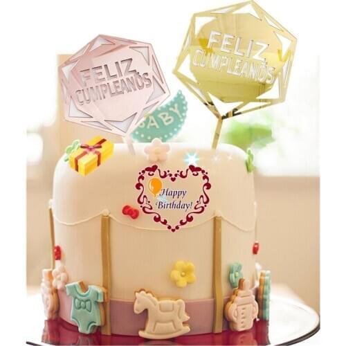 Pink Gold Acrylic Birthday Cake Topper Hexagon Spanish Language Cakes toppers Dessert decoration Birthday Party Baking Supplies