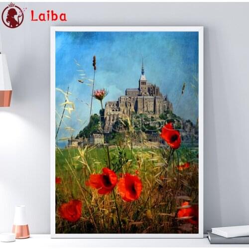Diamond embroidery poppy flower castle scenery diamond painting cross stitch 5d full square round drill puzzles gift handicraft