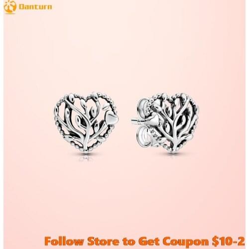Authentic 925 Sterling Silver Family Tree Heart Stud Earrings Unique Design Women Stud Earrings Jewelry