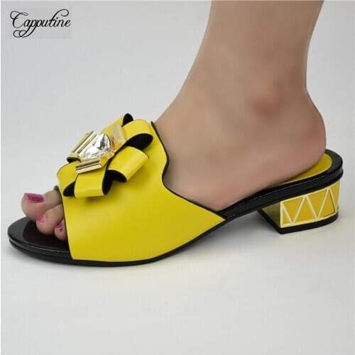 Yellow Party Shoes Pretty African Womens Medium Heel Slip-on Shoes 86-1 Heel Height 4.5CM, 5 Color