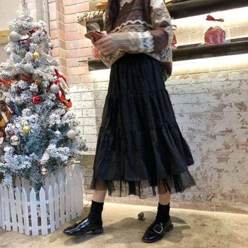 Long Tulle Midi Skirt Women Autumn 90s Vintage Harajuku High Waist MeshTutu Pleated Skirts Female Black White Long Skirt Alt