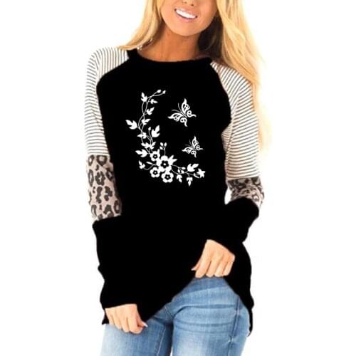 Autumn women 3D butterfly flowers Funny Print T Shirt Women leopard color matching stripe round neck loose long sleeve T-shirt