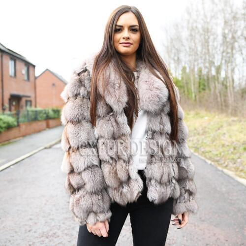 CX-G-A-106B Women New Classic Design Genuine Patchwork Fox Fur Jacket With Fox Fur Collar