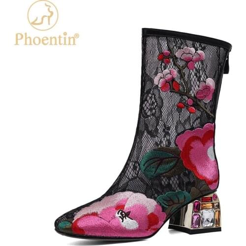 Phoentin women Floral mesh mid calf summer boots Ethnic embroidered 2021 crystal high heel sandals big size 43 shoes FT1488