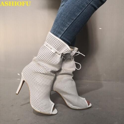 ASHIOFU Realpics Handmade Ladies High Heel Boots Peep-toe Party Prom Autumn Ankle Booties Large Size Evening Fashion Boots Shoes