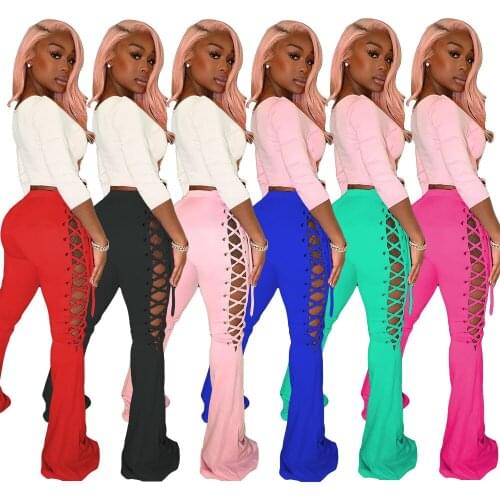 Womens Pants European and American Fashion Casual Solid Color Flared Trousers with Straps