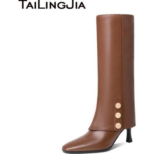 Women Square Toe Real Leather Knee Boots Stylish High Heel Long Boots Party Footwear 2021 Winter Shoes Black 7CM Leather Boots