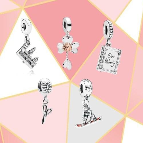 2021 quality new s925 sterling silver snowboard family memorial thin scissors ladybug castle diy pendant bracelet female fashion