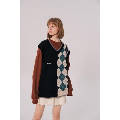 YUPINCIAGA Women Man Couple Stitching Sweater Vest Bottoming Sweater V-Neck Knitted Embroidery Patchwork Female Jumpers Pullover