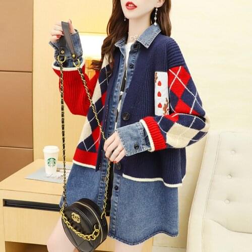 Denim Stitching Women Knitted Sweaters Coat Spring Lapel Fashion Print Long Sleeve Sweater Female Autumn Loose Sweater Cardigan