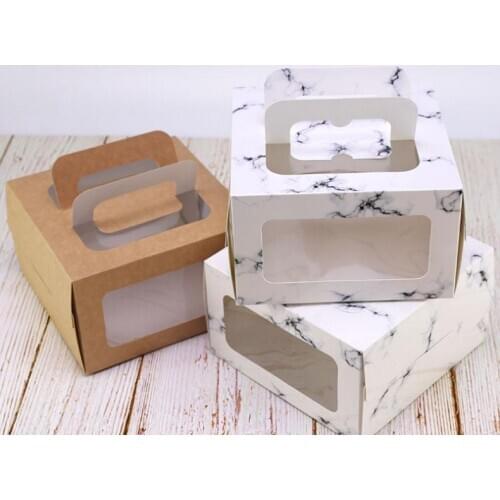 100pcs/lot 4 inch cake box with window handle Kraft paper cheese cake box kids Birthday wedding home Party supply SN1026