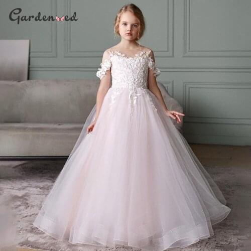 White Flower Girl Dress 2021 Pearl Lace Princess Dress For Girl Short Sleeve First Communion Dresses