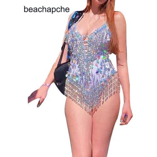 Backless Sequins party bodysuit women Bodycon Romper sexy tassel Colorful diamond laser five-pointed stare Elegant beachwear