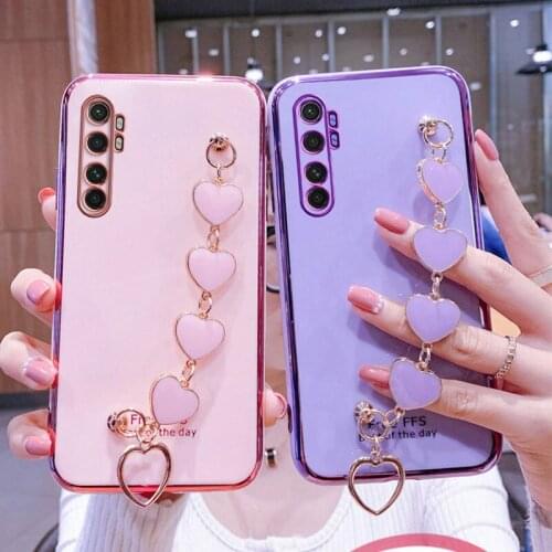 Wrist Bracelet Phone Case For Xiaomi Mi Note10 Lite Case Luxury Heart Chain Plating Cover Capa Xiaomi Mi Note10 Pro Lite Soft