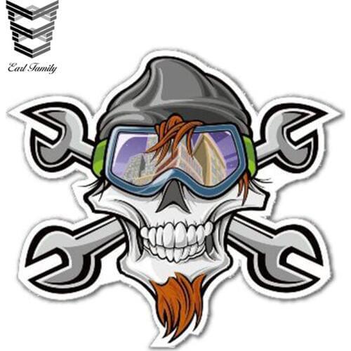 EARLFAMILY 13cm x 11cm Ski Snowboard Mechanic Decal ATV Car Vinyl Sticker Window Trunk Decoration Skull Car Styling Waterproof