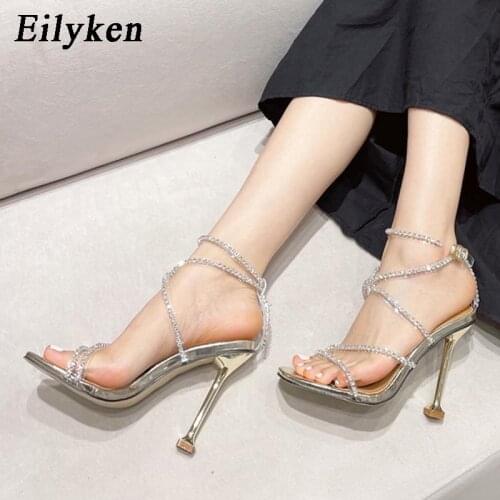 Eilyken Silver Rhinestone PVC Transparent Crystal Sandals Summer Fashion Metal Thin High Heels Sexy Square Toe Women Party Pumps
