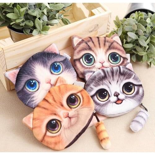 Cartoon Cat Head Coin Purse Coin Bag Cute Small Tail Zipper Wallet Plush Phone Card Earphone Storage Bag Pouch Handbags