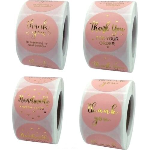 38MM 1.5in Pink Handmade with love thank you stickers gold foil seal label wedding decoration gifts 100/500pcs