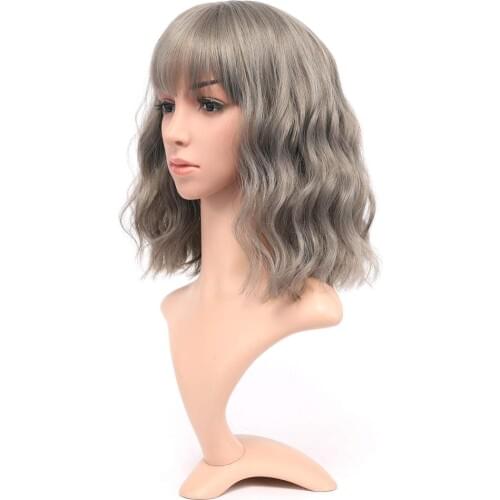 Natural Wavy Wig Short Bob Wigs With Air Bangs Gray Color Shoulder Length Womens Curly Wavy Synthetic Cosplay wig for Girl Colo