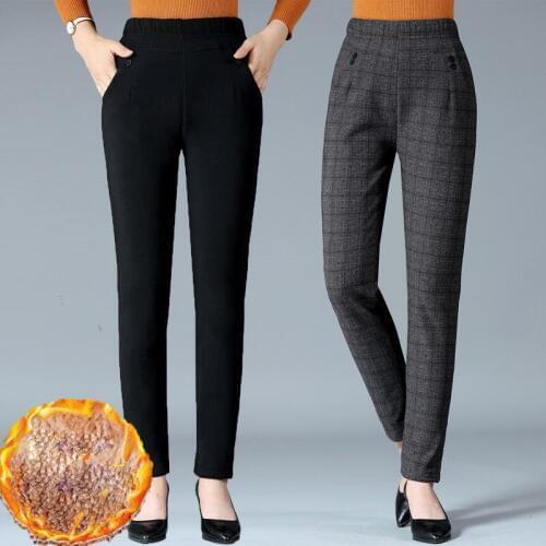 NewPlus Size 5XL Middle-aged Women Autumn Winter Trousers Warm Plus velvet Elastic High Waist Pants Casual Black Female Trousers