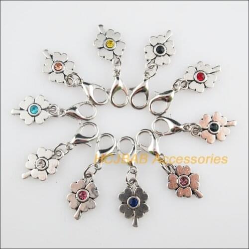 10Pcs Tibetan Silver Tone Clover Retro Mixed Round Crystal 9.5x15mm With Lobster Claw Clasps Charms