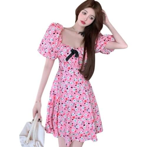 Casual Dress Floral Girl French Retro Bow Square Neck Bubble Sleeve Summer Short Sleeve Womens Vestidos New