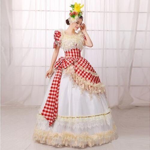 Luxury red check ruffle lace carnival ball gown cosplay venice medieval dress Renaissance gown queen Victoria Belle Ball