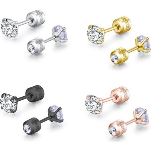 Girl Silver Color Gold Cubic Zirconia Round Small Stud Earrings for Women Piercing Wedding Stainless Steel Jewelry