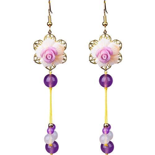 Jade Flowers Drop Earrings Chalcedony Agate Amulet Fashion Natural Charm Jewelry Gifts for Women Her Purple
