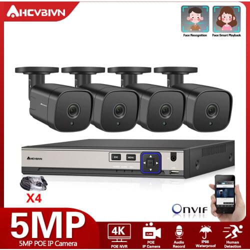 H.265+ 4CH 5MP POE Security Camera System Kit Sound Audio 5MP POE IP Camera Outdoor Waterproof CCTV Video Surveillance NVR Set