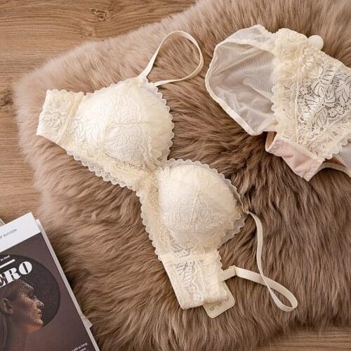 Sweet fixed double shoulder straps adjustable women lingerie set comfortable gathering lace underwear breast support bra set