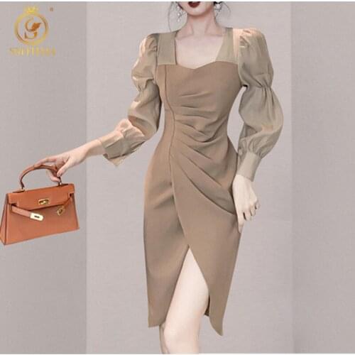 SMTHMA New 2021 Womens Spring Dresses Robe Square Collar High Waist Elegant Puff Sleeve Korean Style Chic Dress Vestidos