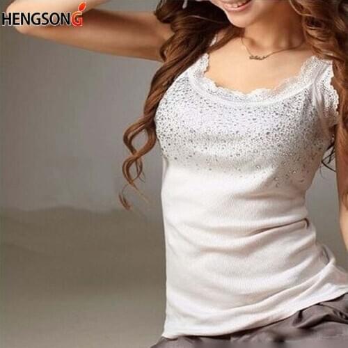 Summer Women Tank Tops Girls Elegant Vest Lace Stitching Tank Camis Rhinestone Lace Stunning Based Sleeveless Top Women