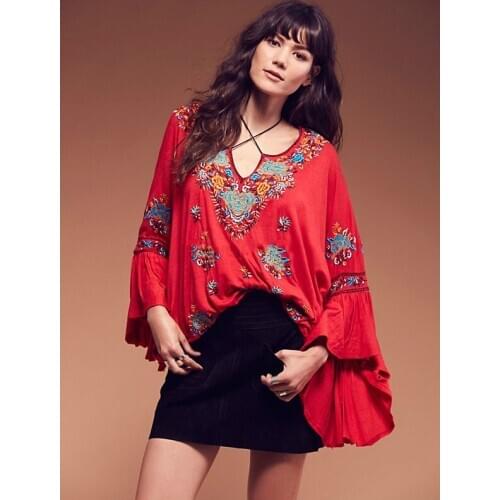 KIYUMI Blouse Women Retro Bohemian Blouse Heavy Embroidery Tassel Belt Shirt 2019 New Long Sleeve V-neck Trumpet Pullover Blouse