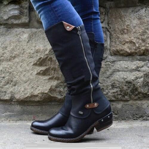 Women Boots Western Cowboy Knee-high Punk Low Thick Heel Side Zipper Female Ladies Shoes Winter Shoes Winter Boots Leather Boots
