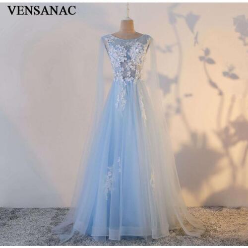 VENSANAC 2018 A Line O Neck Illusion Flowers Long Evening Dresses Elegant Lace Appliques Party Tulle Crystals Prom Gowns