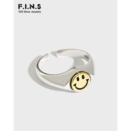 F.I.N.S Korean Style CHIC Design Smiley Face 925 Sterling Silver Mid Finger Brass Smile Face Adjustable Ring Female Fine Jewelry