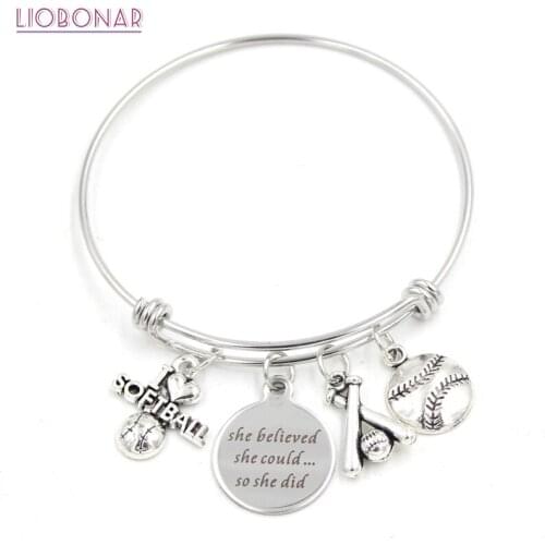 10PCS Softball Bangles Sport Charm Bracelets I love Softball Bracelets for Women Gift Pulsera Stainless Steel Wire Bangles