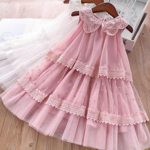 2019 Summer dress for girls / Hollow out lace collar /Kids Layered lace dress