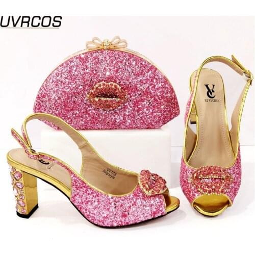 2021 African New Arrival Nigerian Fashion Italian Design In Pink Color Decoration Ladies Shoes and Bag Set for Party Wedding