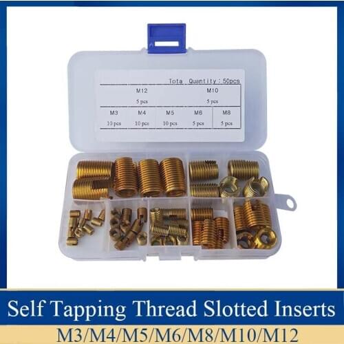 50pcs/set M3/4/5/6/8/10/12 Carbon steel Self tapping Thread Insert Self Tapping Screw Bushing Slotted Type Thread Repair kit