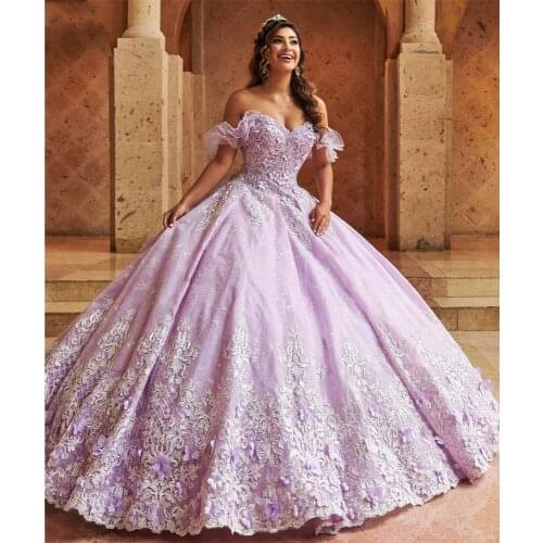 Lavender 2021 Quinceanera Dresses Off The Shoulder Lace Appliqued Flower Sweet 16 Dress Pageant Gowns vestidos de 15 años
