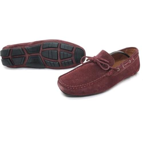 Handmade Burgundy Suede Moccasins, Natural Calfskin, Flexible Non Slip Rubber Sole, Premium Driving Mocs for Men, Comfort Shoes