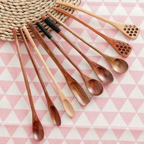 Japanese Style Wooden Spoon Mixing Rice Salad Spoon Long Handle Dessert Condiment Sugar Salt Spice Spoon Tableware Kitchen Tools