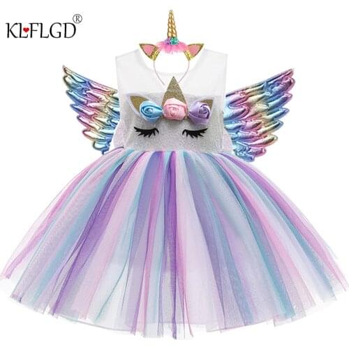 Girls' school ceremony Dance color matching sacrament dress Childrens clothing baby princess birthday party Unicorn Print Dress
