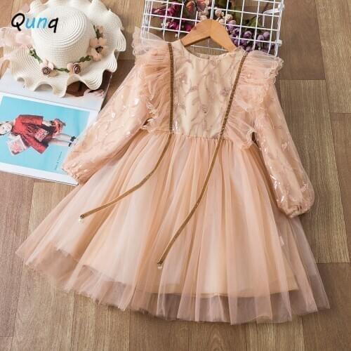Qunq Children Princess Dress Long Sleeve Lace Sequined Kids Party Costume Spring Fall Mesh Girls Clothes High Quality