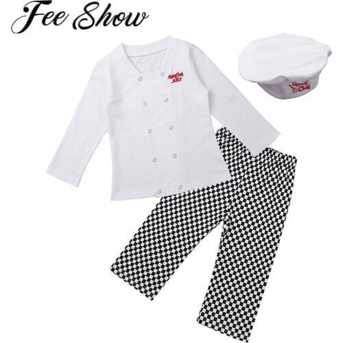 FEESHOW Infant Baby Boys Girls Halloween Cosplay Outfits Baby Cook Chef Kitchen Uniform T-shirt Pants Hat Photography Costume